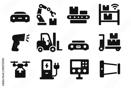 Autonomous warehouse sensor smart icon robotics panel robotic arm platform vector forklift