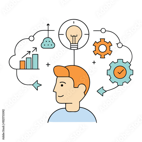 A spark of ideas ignites in a man's mind, gears of creativity turning as strategy, curiosity, and ambition merge, forming the core mechanism of a startup vision.
