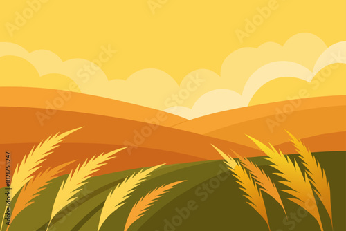 A golden wheat field against a vibrant summer sky at sunset, featuring a landscape of nature and agriculture