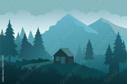 Alpine house nestled in a snowy forest with a stunning winter mountain peak view