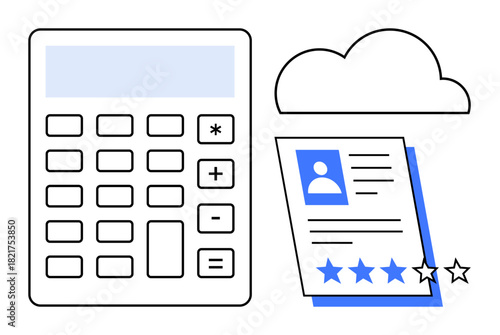 Calculator beside user profile card with star ratings under a cloud. Ideal for finance, evaluation, feedback, analytics, technology, education, productivity. Simple flat metaphor