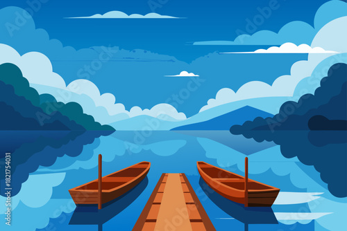 Small fishing boat on the calm lake water under a blue summer sky near the coast