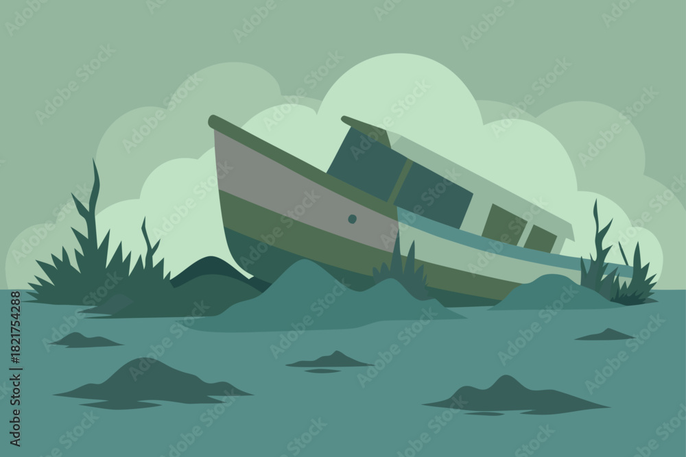custom made wallpaper toronto digitalA cartoon vector illustration of a summer travel landscape with a small boat and ship sailing on blue ocean waves beneath a bright sky with sun and clouds