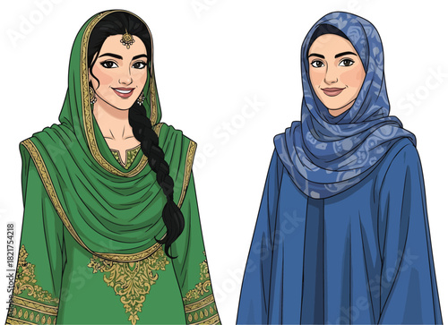 Two Women in Traditional Islamic Clothing Wearing Different Styles and Colors Vector Illustration