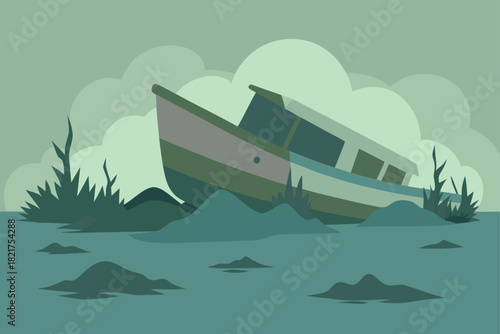 A cartoon vector illustration of a summer travel landscape with a small boat and ship sailing on blue ocean waves beneath a bright sky with sun and clouds
