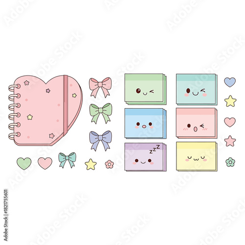Cute kawaii stationery set with heart shaped notebook, sticky notes with faces, bows, and small decorative element isolated on