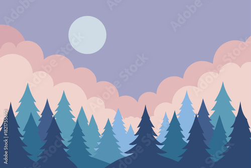 Winter mountain landscape vector illustration with snow, pine trees, and blue sky