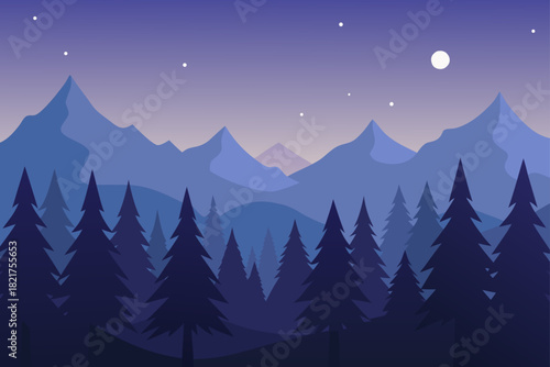 A blue winter vector landscape of snowy mountains and pine trees under a cold night sky is a perfect Christmas illustration