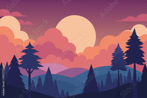 Orange morning sunrise and evening sunset light over mountain forest landscape silhouette with fog and clouds