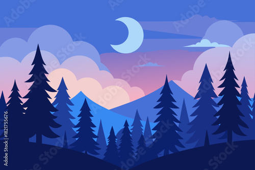 Winter forest landscape with pine trees, snow, and a moonlit sky, perfect for a Christmas holiday card design
