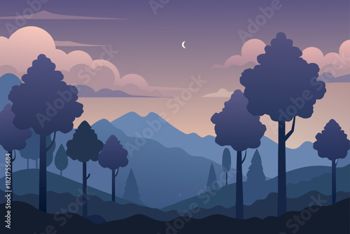 Beautiful landscape of mountains and clouds at sunset, featuring an orange sky and trees in silhouette