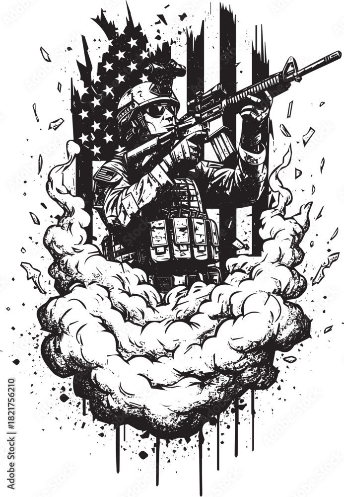 Obraz premium American Soldier in Action Silhouette Illustration with Grunge Effect and United States Flag Backdrop a Patriotic Vector Design