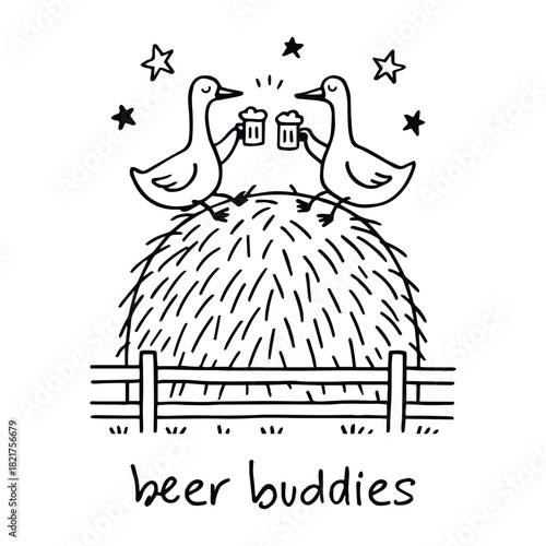 Ducks clinking beer mugs on haystack in festive sketch