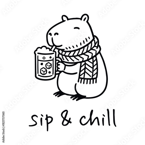 Capybara sipping iced drink in cozy scarf sketch