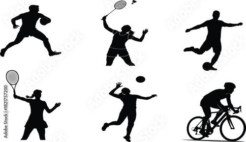 Silhouette collection of athletes playing various sports on white background