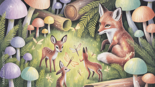 Enchanting forest scene with deer, fox, mushrooms, and dragonflies, perfect for children's book illustrations or whimsical designs, ideal for branding