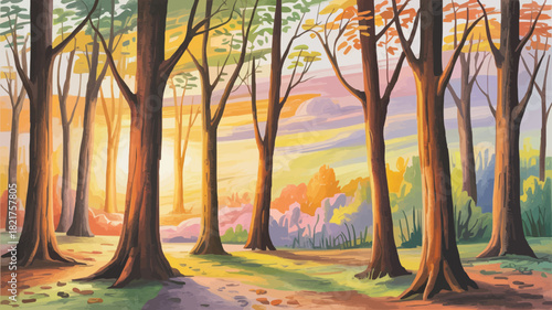 Enchanting autumn forest scene with sunlight filtering through trees, creating a tranquil and colorful landscape, evokes peace and serenity, inviting calmness