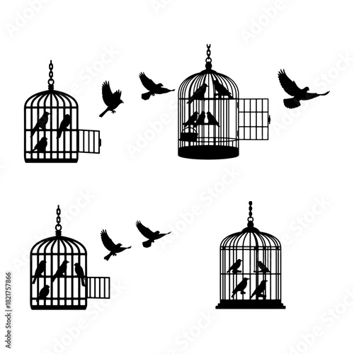 birds in a cage and some are flying silhouette pack