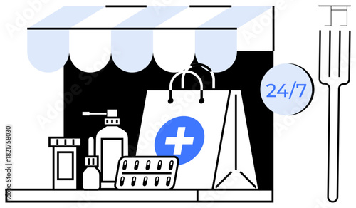 Pharmacy storefront with healthcare bag, medicine, pills, and a 247 clock. Ideal for healthcare, delivery service, medical supplies, e-commerce, availability convenience simple flat metaphor