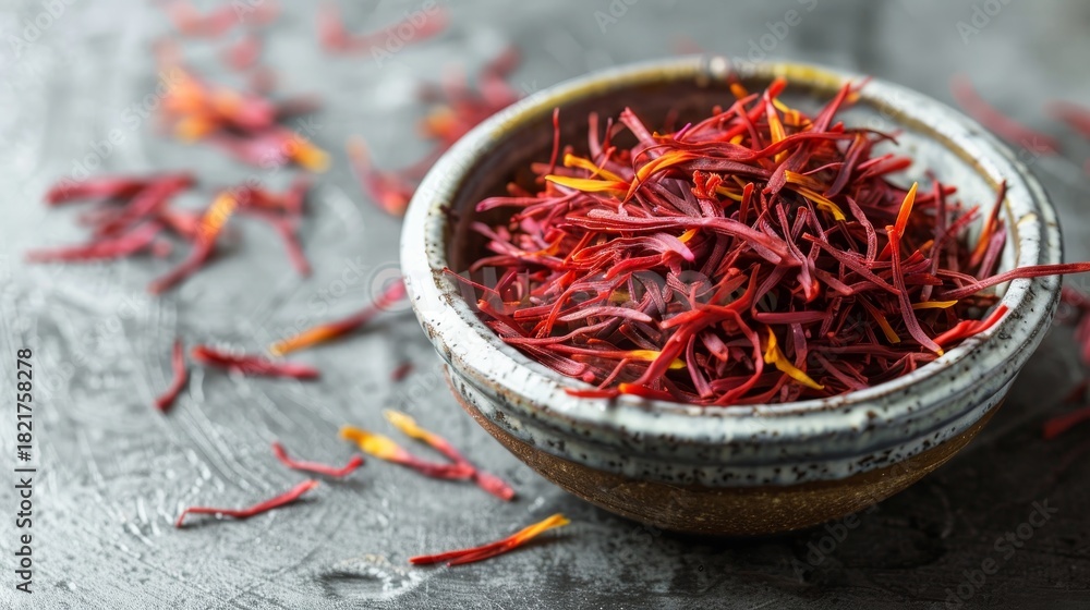Fototapeta premium Stunning display of saffron threads in a ceramic bowl illuminated by natural light