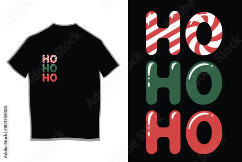Candy Cane HO HO HO Christmas T-Shirt Design | Striped Santa Claus Cheer