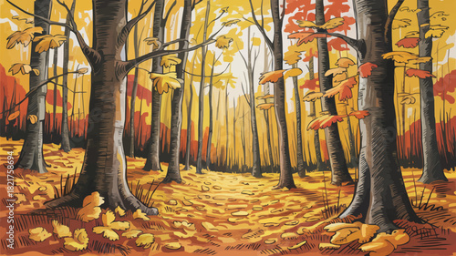 Stunning autumn forest scene with colorful leaves and majestic trees, evoking a feeling of peace and serenity for lifestyle, nature, or seasonal projects