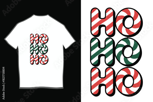 Candy Cane HO HO HO Christmas T-Shirt Design | Striped Santa Claus Cheer