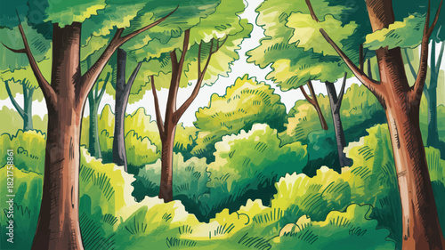 Enchanting forest illustration with lush green foliage and towering trees, perfect for bringing nature's serenity to your next project