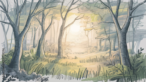 Enchanting forest scene with sunlight filtering through trees, evoking peace and tranquility, ideal for nature lovers and outdoor enthusiasts