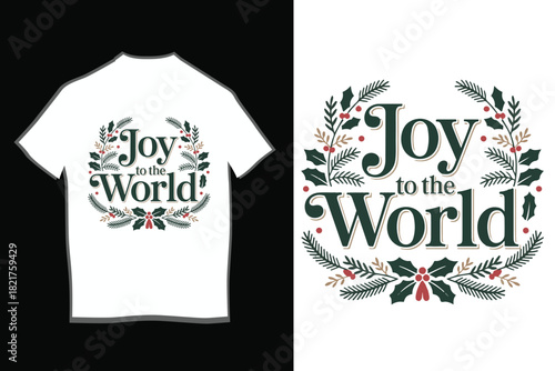 Joy to the World Vintage Typography Wreath T-Shirt Design | Holiday Scripture Quote