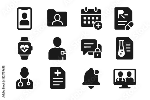 Vector telemedicine consultation video note set notification sensor device tracker bell icon