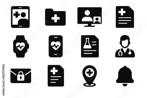 Telehealth notification icon appointment folder lab telemedicine monitor wearable set bell vector