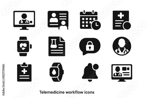 Icon card telemedicine set prescription appointment vector monitor medical secure record health