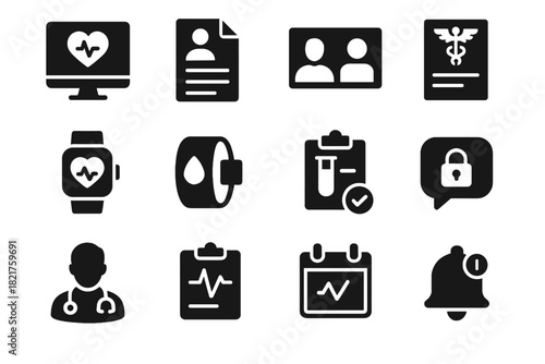 Icon video sheet vector telemedicine calendar lab secure monitor wearable tracker set