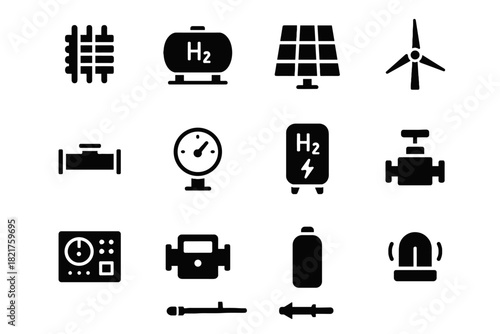 Hydro vector turbine electrolyzer icon fuel wind light cylinder solar green stack