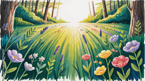 Sunlit meadow path through whimsical forest, vibrant springtime flowers and lush green grass, a joyful illustration of nature's beauty and peaceful escape
