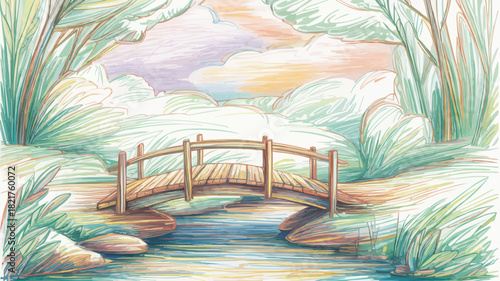 Tranquil wooden bridge over flowing river with lush greenery, an inviting nature scene perfect for peaceful escapes and serene outdoor moments