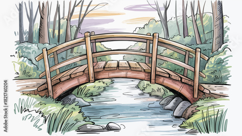Tranquil wooden bridge artfully spans a gentle stream, surrounded by lush trees and greenery, evoking peace and natural beauty for serene projects
