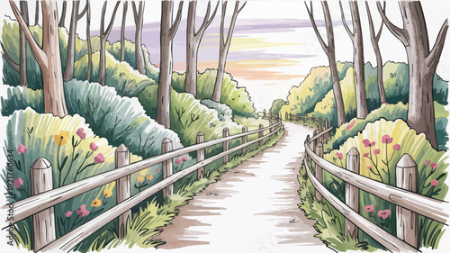 Winding path through a colorful forest, inviting outdoor adventure and tranquil nature walks with vibrant flowers and lush greenery, ideal for wellness brands