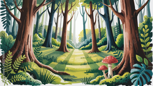 Enchanting forest path illustration with sunlit clearing, mushrooms, and lush foliage, ideal for storybooks, nature-themed designs, and magical concepts