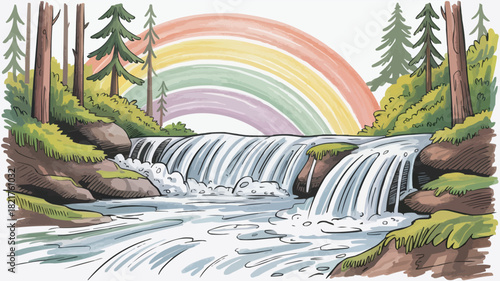 Enchanting forest waterfall with a vibrant rainbow overhead, perfect for children's illustrations or whimsical nature scenes with a hand drawn feel