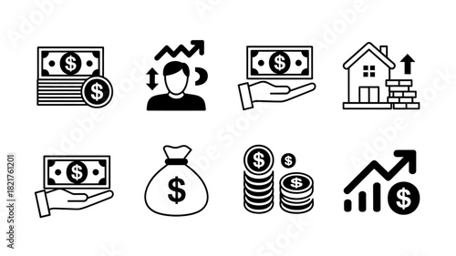 Financial and investment icons set: money, growth, real estate