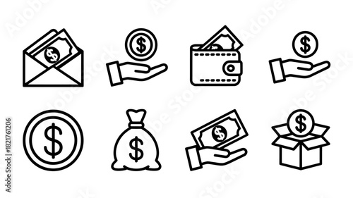A set of line art icons related to money, finance, and banking