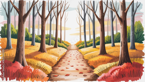 Enchanting autumn forest path with golden foliage beckons exploration and serenity, a tranquil escape into nature's beauty, perfect for seasonal designs