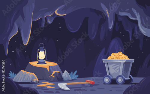 Gold mine cave exploration with glowing lantern, cart and axe