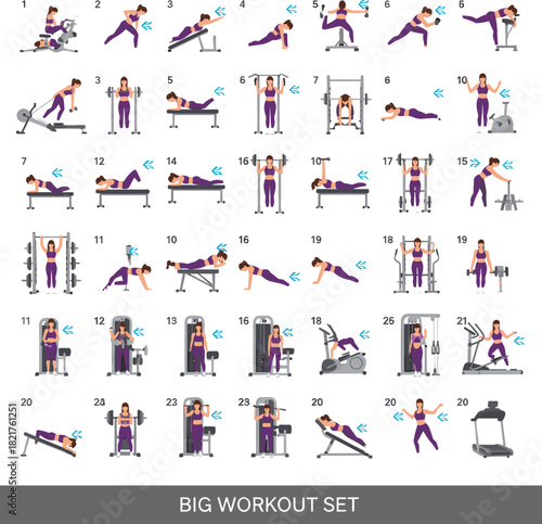 Big Workout Set of Gym Exercises and Fitness Poses Vector Illustration - Strength Training and Wellness Graphic