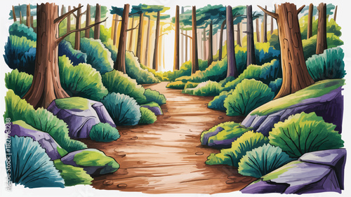 Enchanting forest path beckons adventurers into nature's embrace, sunlight filtering through tall trees promises serenity and escape in a tranquil woodland scene