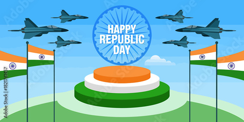 Happy republic day india. patriotic celebration with flags and jets.