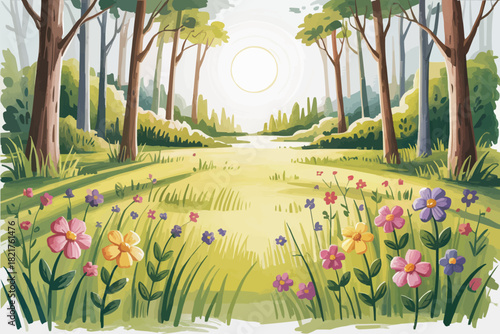 Enchanting woodland meadow with wildflowers, perfect for spring designs and nature-themed projects, bringing a touch of whimsy and outdoor beauty