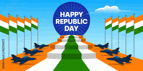 Happy republic day celebration with indian flags and fighter jets